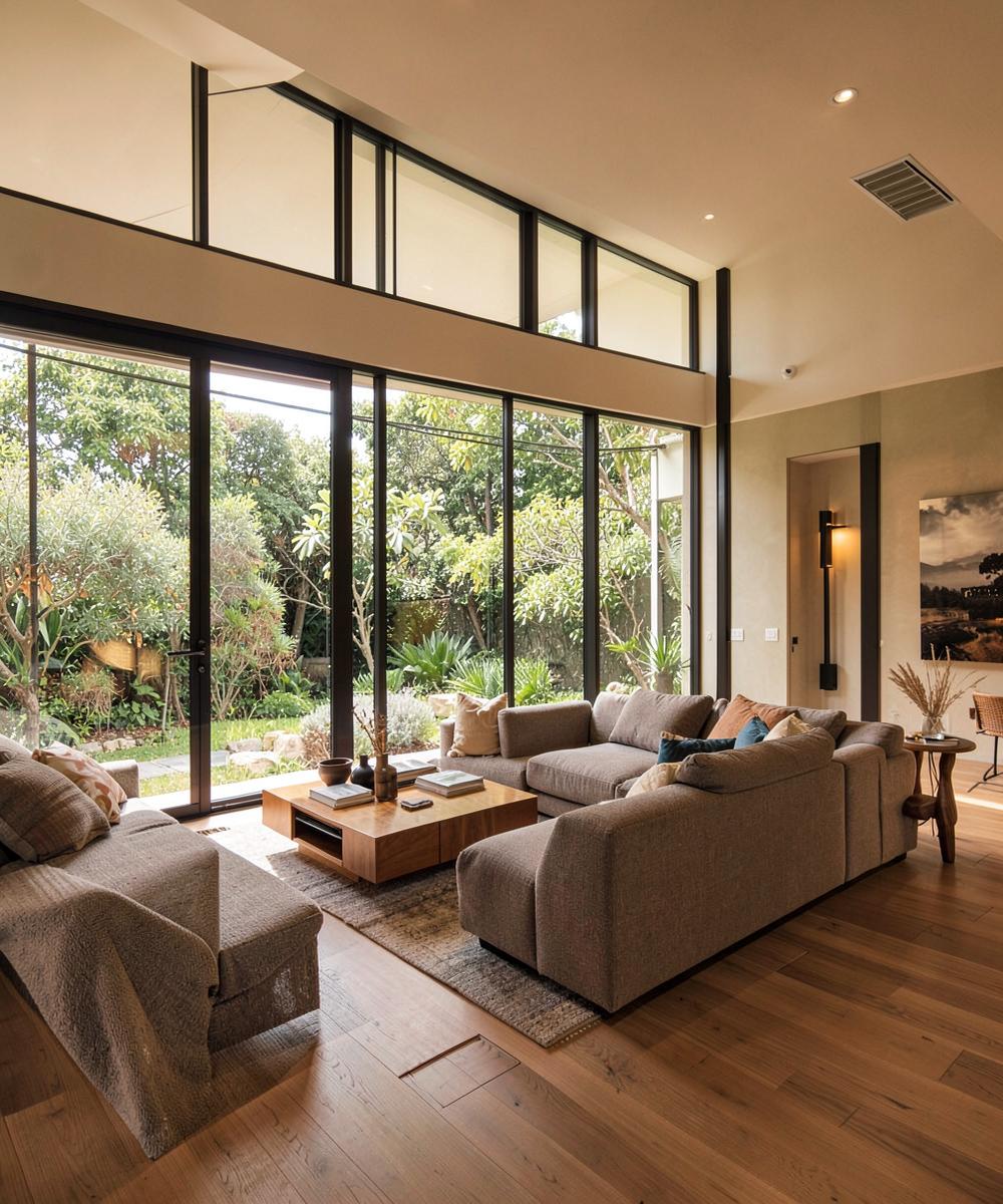 Interior with floor to ceiling aluminium framed windows overlooking a garden
