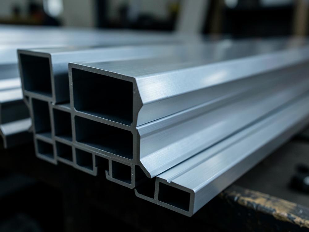 Stacked anodised aluminium profile extrusions in a workshop
