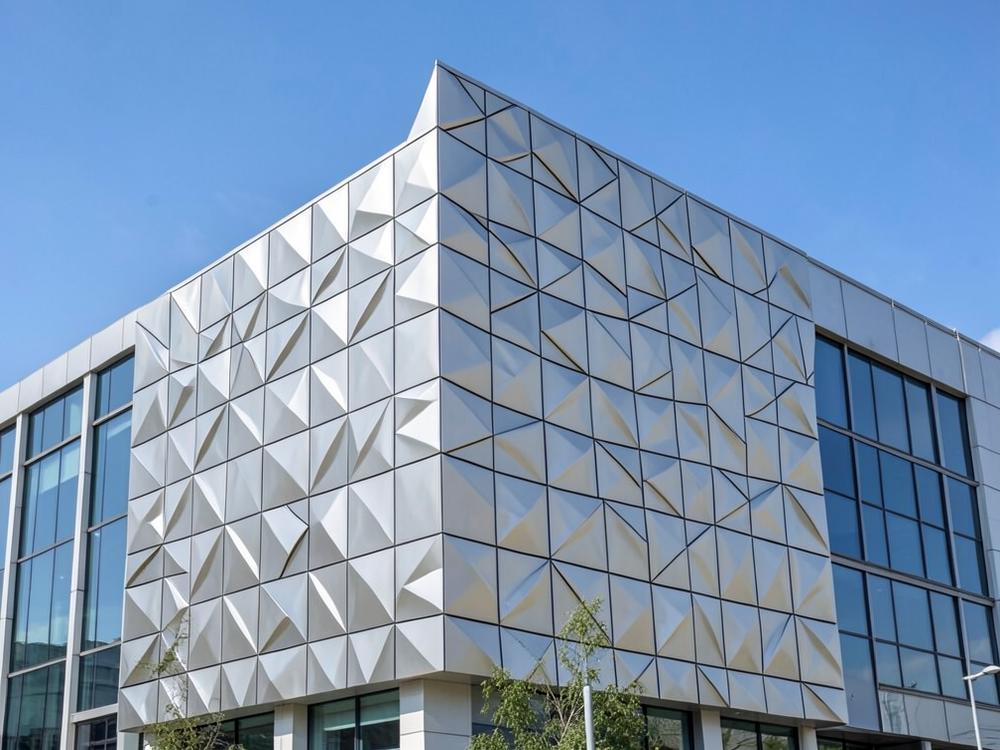 Aluminium composite panel cladding on a modern commercial building facade