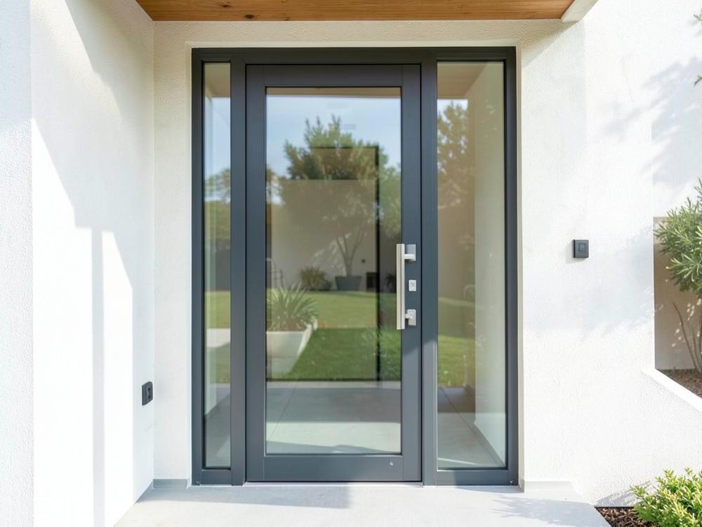 Modern aluminium framed glass entrance door on a contemporary home