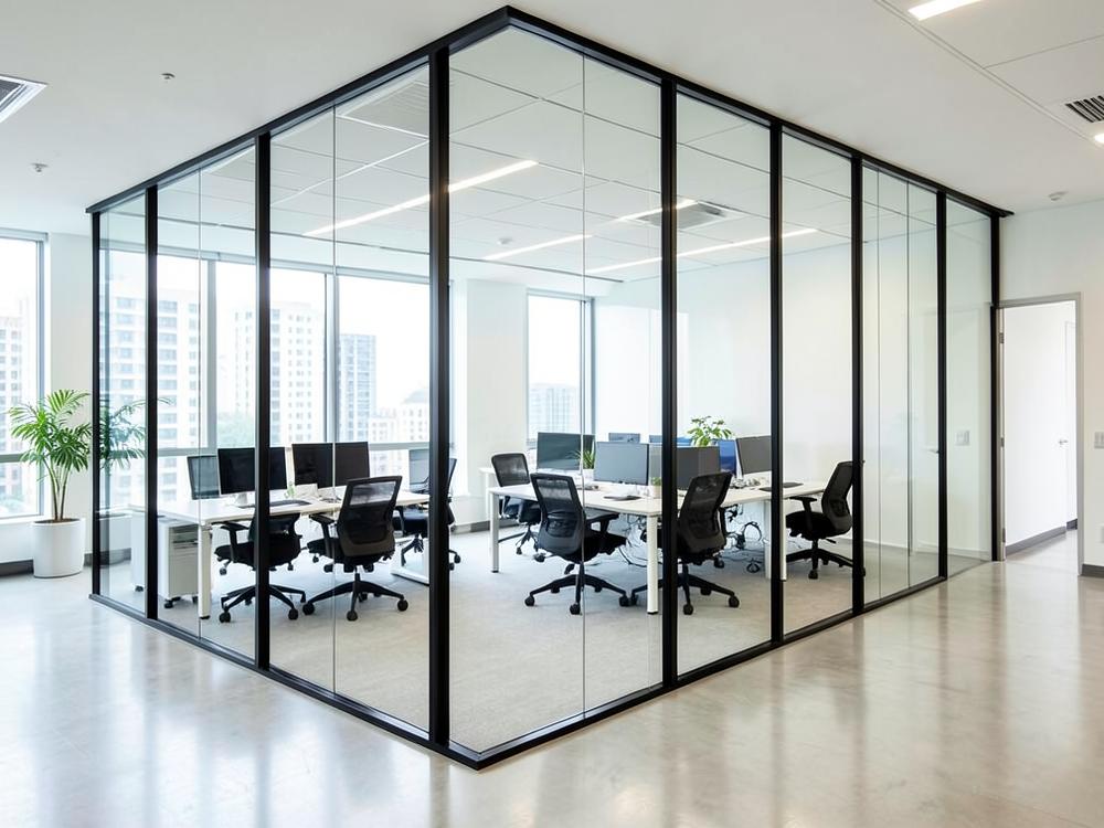 Glass office partition with slim black aluminium frames in a bright workspace