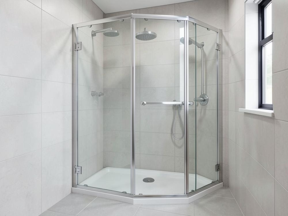Glass shower cubicle with polished aluminium fittings in a modern bathroom